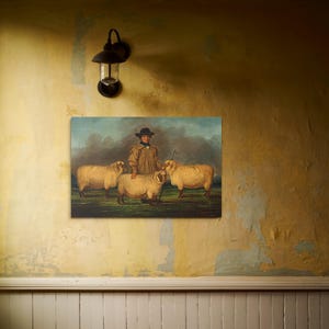 Vintage Folk Art Painting Shepherd with Sheep - 18th Century Reproduction, Antique English Print, Farmhouse, Primitive Decor, Home Wall Art