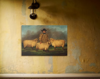 Vintage volkskunst schilderij herder met schapen - 18e-eeuwse reproductie, antieke Engelse print, boerderij, primitief decor, kunst aan de muur thuis