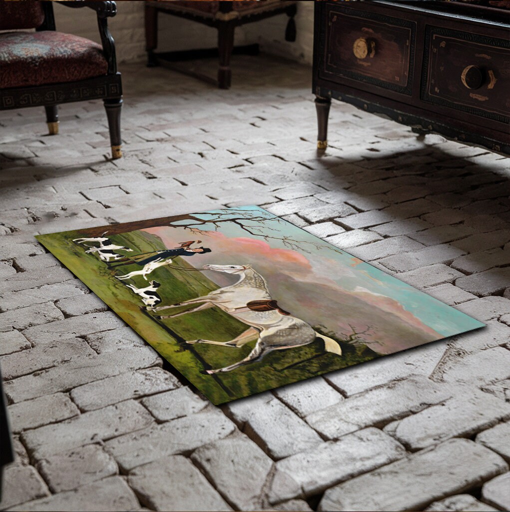 Texture Fox Hunt Rug The Fox Hunt Floor Rug, Farmhouse Vintage Chic, Antique Decor, Handmade ...