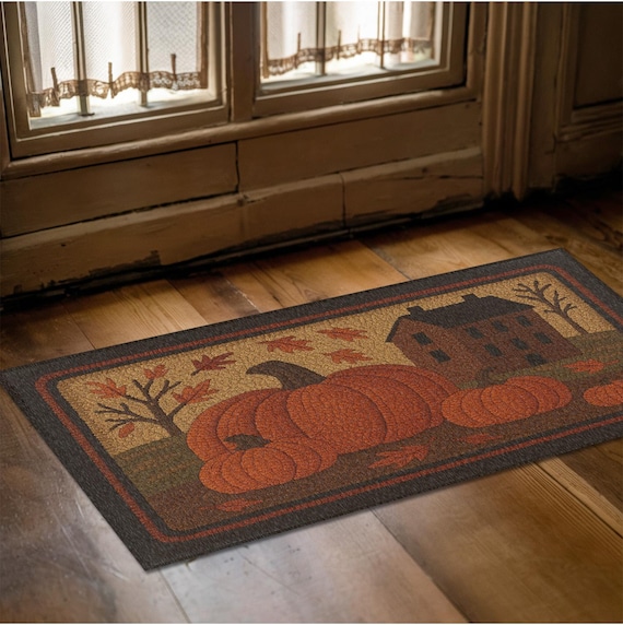 Saltbox Pumpkin Fall Rug - Vintage Folk Art , Home Decor, Antique Floor Mat, Early American, Heirloom Textile, Autumn Rug, Seasonal Art