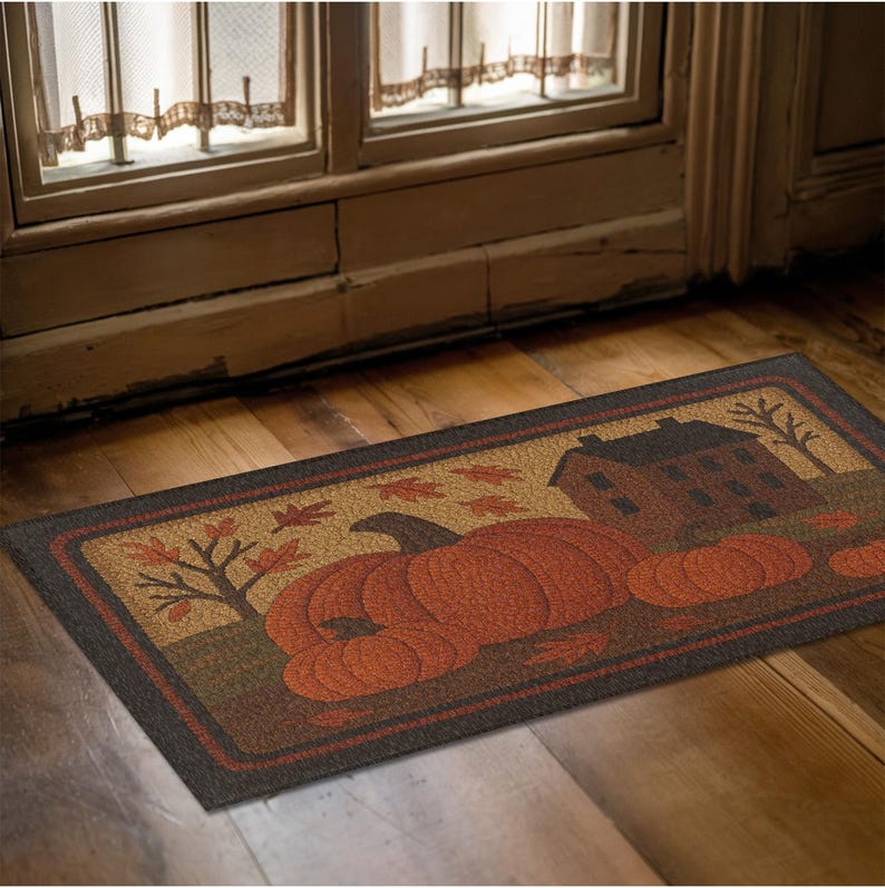 May include: Rectangular doormat with a fall theme. The mat features a large orange pumpkin, a house, and autumn leaves. The border is dark brown, and the background is tan and brown.