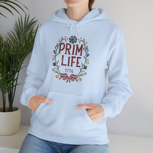 Prim Life Hooded Sweatshirt, Casual pullover top, Vintage-inspired, Graphic pullover, Antique sweater, Primitive apparel, Colonial hoodie image 1