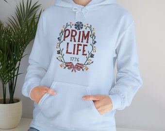 Prim Life Hooded Sweatshirt, Casual pullover top, Vintage-inspired, Graphic pullover, Antique sweater, Primitive apparel, Colonial hoodie