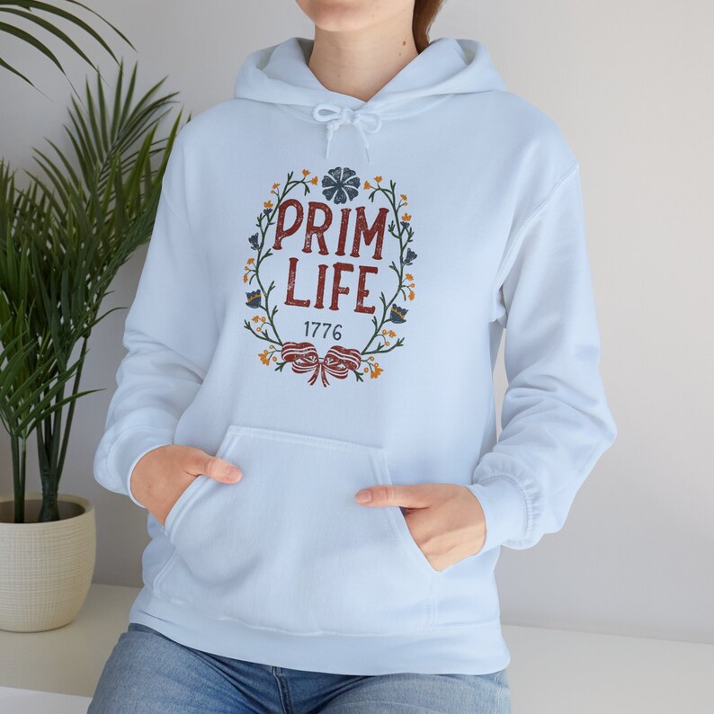 Prim Life Hooded Sweatshirt, Casual pullover top, Vintage-inspired, Graphic pullover, Antique sweater, Primitive apparel, Colonial hoodie image 1