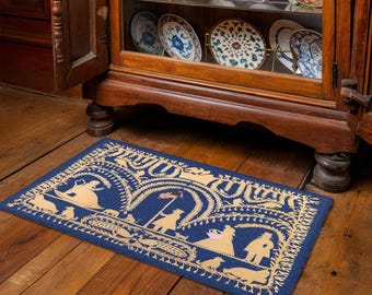 Traditioneel Duits-Amerikaans blauw opengewerkt tapijt - 19e-eeuwse volkskunst recreatie, primitief decor, boerderijkunst, antieke prent, koloniale kunst