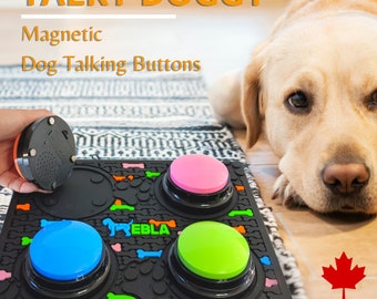 Magnetic Dog Talking Button Set–Dog Buttons for Communication | 4 Speaking Buttons, Rubber Mat, 15 Stickers | Pet-dog Training Button |