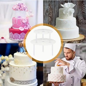 May include: White two-tier cake stand with round platforms and four white support legs. The stand is designed to hold two cakes, one on top of the other. The stand is made of sturdy plastic and is easy to assemble.