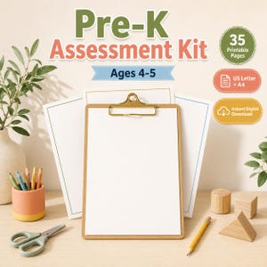 Peut inclure: Un kit d'évaluation préscolaire pour les 4-5 ans comprenant 35 pages imprimables aux formats US Letter et A4. Le kit inclut un presse-papier en bois avec du papier blanc, un pot à crayons pêche, des crayons de couleur, des ciseaux et des blocs en bois.