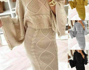 Womens Ladies Chunky Cable Knitted Co-Ord Flared Two Piece Top Skirt Dress Suit