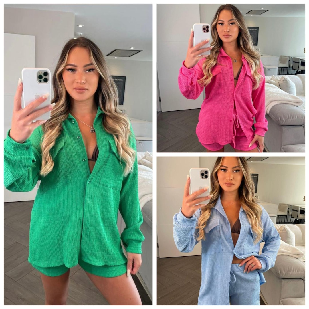 Women Cheesecloth Button up Shirt Shorts Two Piece Suit Ladies Summer