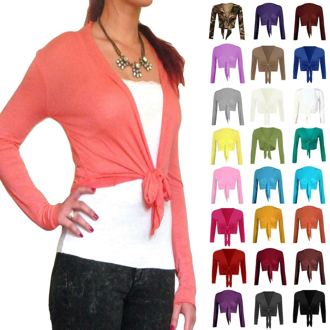 Womens Ladies Plain Tie Knot Bolero Shrug Long Sleeve Wrap Etsy UK