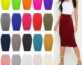 Ladies Plain High Waisted Stretch Bodycon Jersey Summer Pencil Midi Skirt