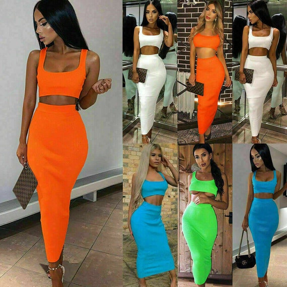 Women 2 Piece Outfits Maxi Skirt Sets Strapless Crop Tube Tops High Waist  Bodycon Long Skirts Summer Two Piece Outfit 