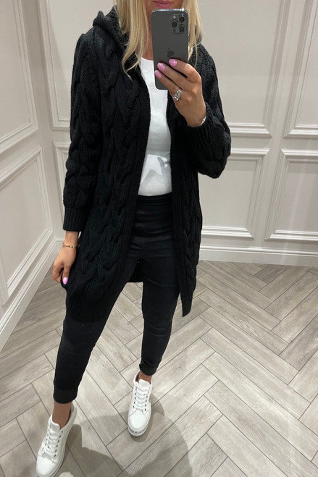 Women's Chunky Cable Knit Hooded Cardigan Cape - Oversized, Longline, 100% Acrylic, Made In Italy