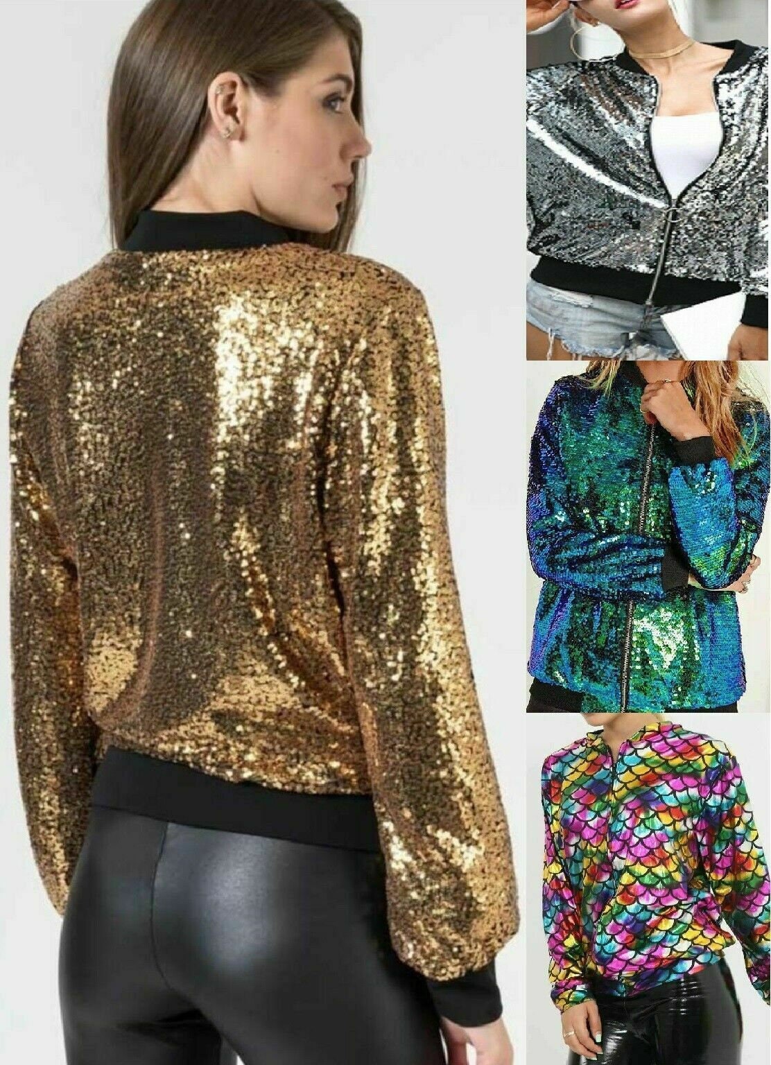 Women Sequin Glitter Bomber Jacket Ladies Biker Festival Etsy UK
