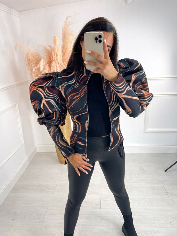 Ladies Womens Puff Sleeve Scuba Biker 