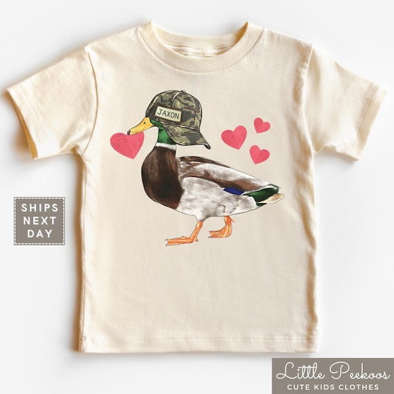 Personalized Mallard Duck Toddler Shirt, Valentines Day Natural Baby Onesie®, Camo Valentine Duck Kids Shirt, Boys Hunting Shirt