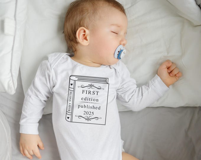 First Edition Natural Onesie®, Custom Name & Year Minimalist Baby Announcement, Vintage Published 2025 Librarian Gift, Book Club Mom Gift