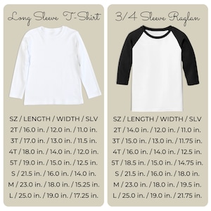 May include: Two t-shirts are displayed. One is a white long-sleeve tee, and the other is a white raglan with black sleeves. Size and measurement details are listed below each shirt, including length, width, and sleeve measurements in inches.