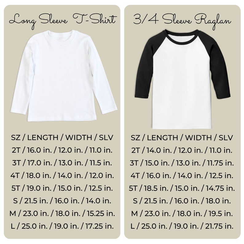 May include: Two t-shirts are displayed. One is a white long-sleeve tee, and the other is a white raglan with black sleeves. Size and measurement details are listed below each shirt, including length, width, and sleeve measurements in inches.