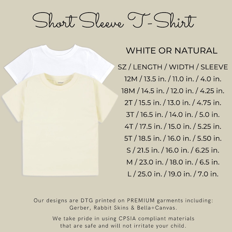 May include: Two short-sleeve t-shirts, one white and one natural, are displayed. The image includes a size chart with measurements in inches for length, width, and sleeve. The text reads "Short Sleeve T-Shirt" and details about the garment's materials.