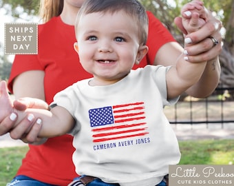 Personalized 4th of July American Flag Kids Shirt, USA Custom Name