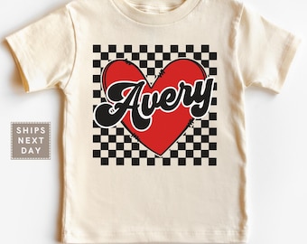 Personalized Valentines Toddler Shirt, Retro Valentines Day Natural Baby Onesie® - Custom Name Kids Heart Shirt, Matching Valentine Tees