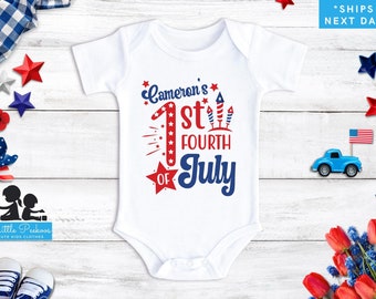 Personalized Name 1st Fourth of July Onesie®, First Independence Day Baby Bodysuit or T-Shirt, July 4th Red White Blue Custom Baby Tee