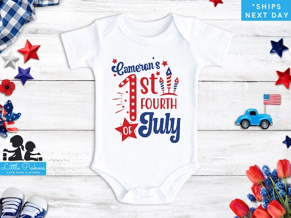 Personalized Name 1st Fourth of July Onesie®, First Independence Day Baby Bodysuit or T-Shirt, July 4th Red White Blue Custom Baby Tee