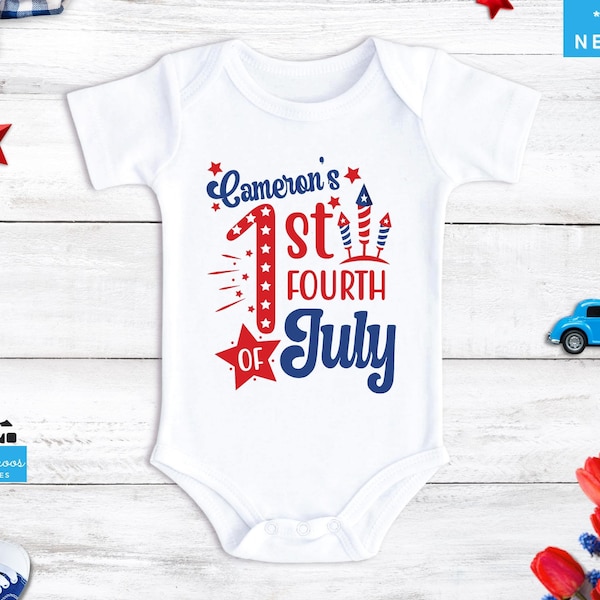 Personalized Name 1st Fourth of July Onesie®, First Independence Day Baby Bodysuit or T-Shirt, July 4th Red White Blue Custom Baby Tee