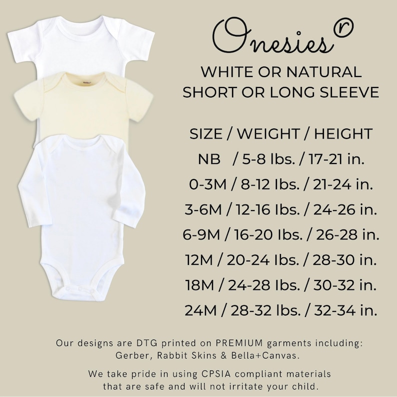 May include: White or natural short or long sleeve onesies for babies. Size chart with weight and height measurements in pounds and inches.  Onesies are available in sizes newborn to 24 months.