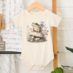 Cottage Core Natural Onesie®, Cute Frog on Mushroom Toddler Shirt, Floral Cottage Core Kids Shirt, Trendy Baby Announcement Baby Shower Gift