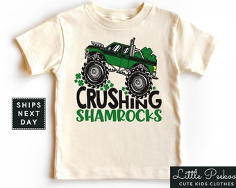 Crushing Shamrocks Natural Toddler Shirt, Monster Truck St. Patrick's Baby Onesie®, Kids Saint Patrick's Day T-shirt or Raglan Tee