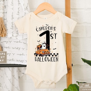 Personalized 1st Halloween Natural Onesie®, Custom Name First Halloween Infant Bodysuit, Cute Fall Natural Baby T-shirt