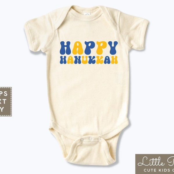 Happy Hanukkah Baby Onesie®, Hanukkah Natural Kids Shirt, Retro Style Hanukkah Toddler T-shirt or Raglan