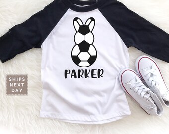 Personalized Easter Kids Raglan, Soccer Bunny Natural Toddler T-shirt, Easter Soccer Rabbit Baby Onesie®, Soccer Lover Custom Name Gift
