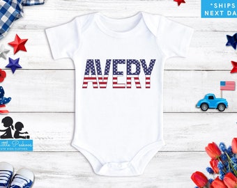 Personalized Name American Flag Font 4th of July Onesie®, Independence, Memorial, Labor Day Bodysuit Raglan T-Shirt, Kids American Flag Tee