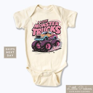 I Love Monster Trucks Baby Onesie®, Monster Truck Natural Toddler Tee, Truck Theme Birthday Gift, Truck Lover Matching Youth Shirts