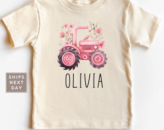 Personalized Pink Tractor Toddler Shirt - Custom Pink Floral Farm Vehicle Kids Shirt - Farming Baby Tee - Farm Life Natural Infant Tshirt