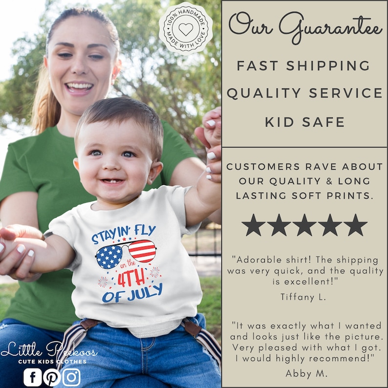 May include: A white t-shirt with the text "STAYIN' FLY on the 4TH OF JULY" in red, white, and blue. The shirt features sunglasses with a patriotic design. The image also includes a baby and a woman.