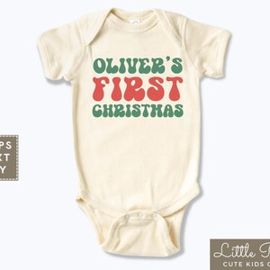 First Christmas Personalized Natural Baby Onesie®, Retro 1st Christmas Baby Shirt, Custom Name First Christmas Baby Tee or Baby Bodysuit