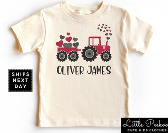 Personalized Valentine Tractor Kids Shirt, Custom Name Valentine&#39;s Day Red Truck Baby Onesie®, Toddler Valentine&#39;s T-shirt or Raglan Tee