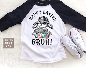 Gamer Kids Easter Shirt - Funny Happy Easter Bruh Toddler Tee - Cool Bunny Rabbit Easter Egg Hunting Kids Shirt - Youth Natural & Raglan Tee