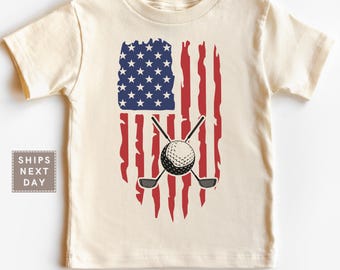 Summer Golf Kids Shirt - American Flag Natural Toddler Tee - Golfing Trip Infant Shirt - Golf Lover 4th of July Tee