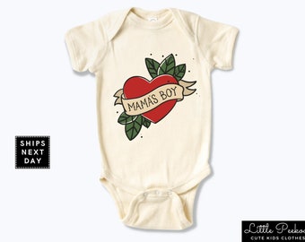 Cute Mama&#39;s Boy Baby Onesie®, Cool Baby Shower Gift for New Mom, Kids T-shirt for Mother&#39;s Day, Retro Tattoo Heart Mamas Boy Toddler Shirt
