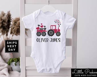 Personalized Valentine Tractor Baby Onesie®, Custom Name Valentine's Day Red Truck Kids Shirt, Toddler Valentine's T-shirt or Raglan Tee