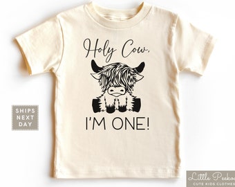 Holy Cow I&#39;m One Baby Tee, Minimalist 1st Birthday Natural Onesie®, Cute Highland Cow Infant Bodysuit