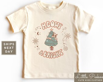 Meowy & Bright Natural Toddler Shirt, Cute Kitty Cat Holiday Baby Onesie®, Retro Christmas Tree Kids T-shirt or Raglan