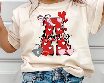 Personalized Valentines Day Toddler Shirt, Custom Doodle Letter Natural Baby Onesie®, Girls Valentine Tee, Matching Sibling or Cousin Tees