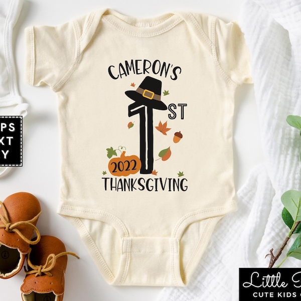 Personalized 1st Thanksgiving Natural Onesie®, Custom Name First Thanksgiving Infant Bodysuit, Cute Fall Natural Baby T-shirt